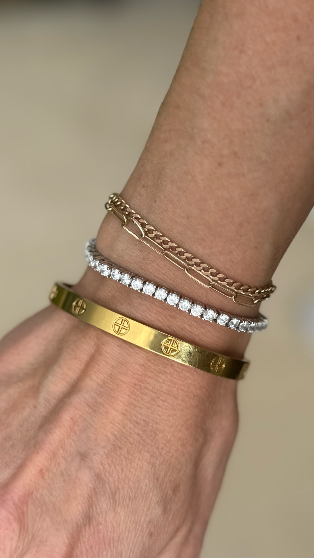 The most realistic “designer” bracelets I’ve found. I sleep, shower and work out in them and they literally look even better than when I first got them. I wear a size 6.5 in both. 

#LTKootd #LTKActive #LTKmomlife