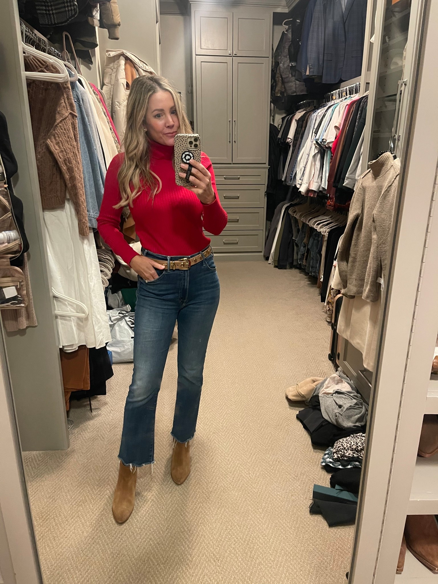 Mother denim on sale. So comfy and flattering. On sale  fit tts 
Madewell studded belt. Wearing size small 
Old loft red turtleneck and old boots


#LTKHoliday #LTKootd #LTKSaleAlert