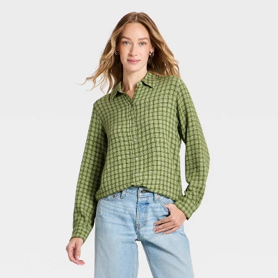 Women's Long Sleeve Pointed Collar Button-Down Shirt - Universal Thread™ Green Plaid M | Target