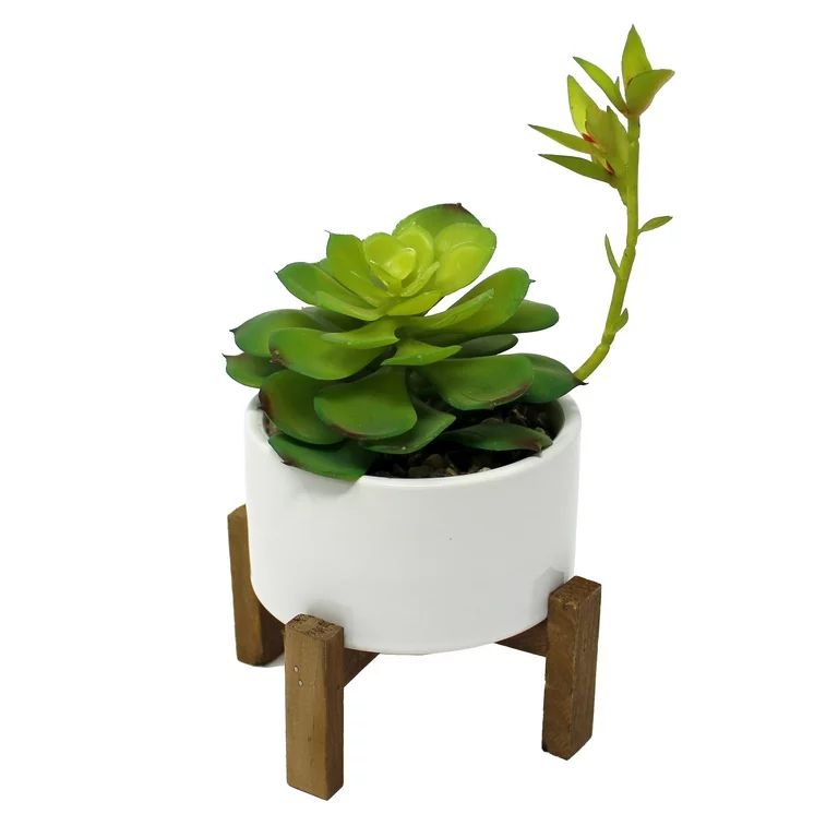 Mainstays 8" Artificial Plant Succulent in White Planter with Wood Stand | Walmart (US)