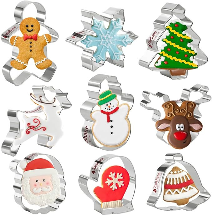 KAISHANE Christmas Cookie Cutters Set of 9 - Star Tree Angel Bell Stocking & More Shapes Stainles... | Amazon (US)