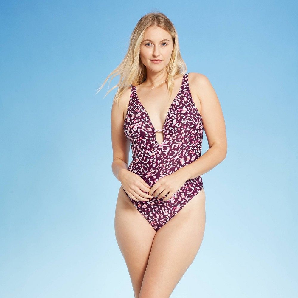 Women's Plunge Front One Piece Swimsuit - Shade & Shore™ Boysenberry Animal Print | Target