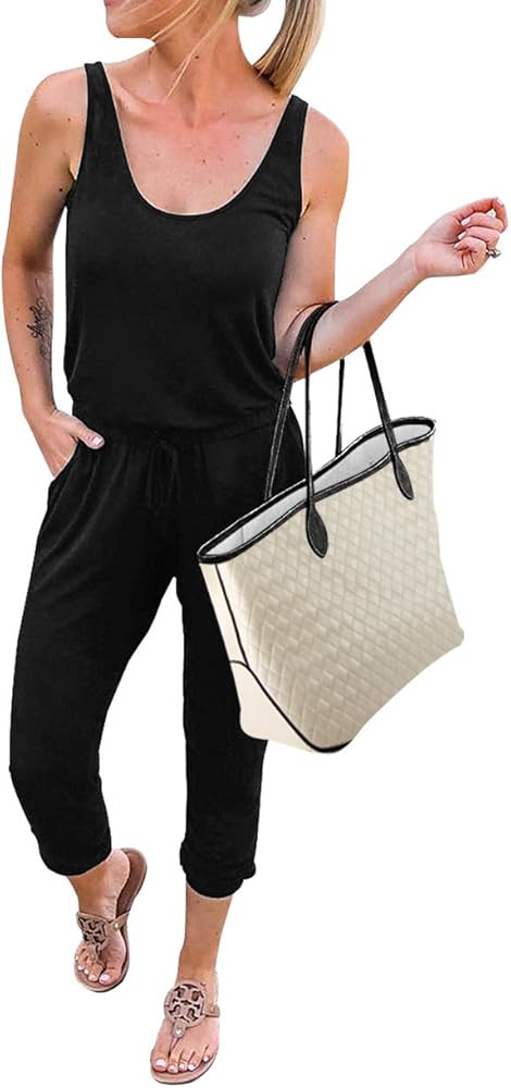 KIRUNDO Women's Summer Jumpsuits Casual Sleeveless Jumpsuit Drawstring Elasitic Waist Romper Paja... | Amazon (US)