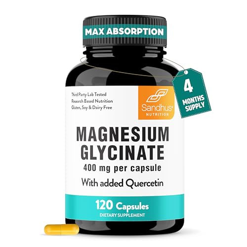 Magnesium Glycinate 400mg High Absorption Capsules with Quercetin | Quality Sleep, Relaxation & Muscle Health Supplement for Women and Men | Chelated Magnesium 120 Count (Pack of 1) | Easy to Swallow | Amazon (US)