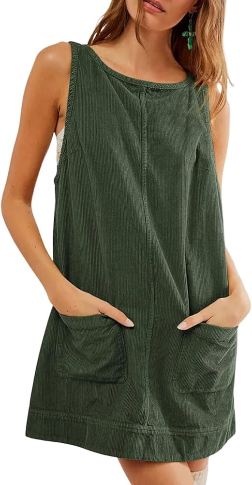 hibshaby Women's Corduroy Overall Dress Round Neck Pinafore Wide Strap Mini Dress with Pockets | Amazon (US)