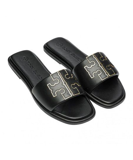 Perfect Black & Goldtone Double-T Leather Sport Slide - Women | Zulily