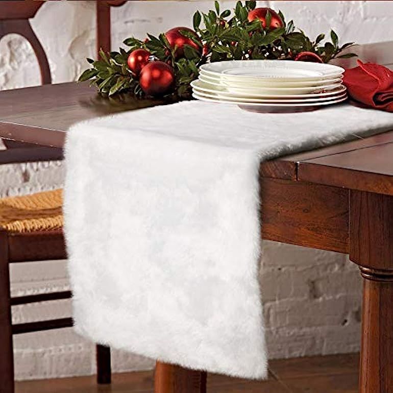 AerWo Faux Fur Christmas Table Runner, Winter Snowy White Table Runner for White Christmas Holida... | Amazon (US)