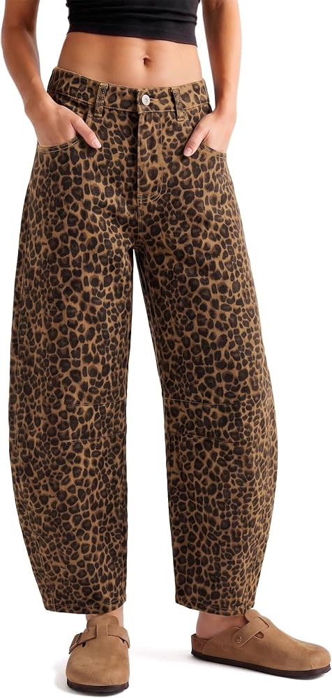 COCCKO Womens Leopard Pants Cheetah Print Barrel Jeans Denim Trendy Bottoms | Amazon (US)