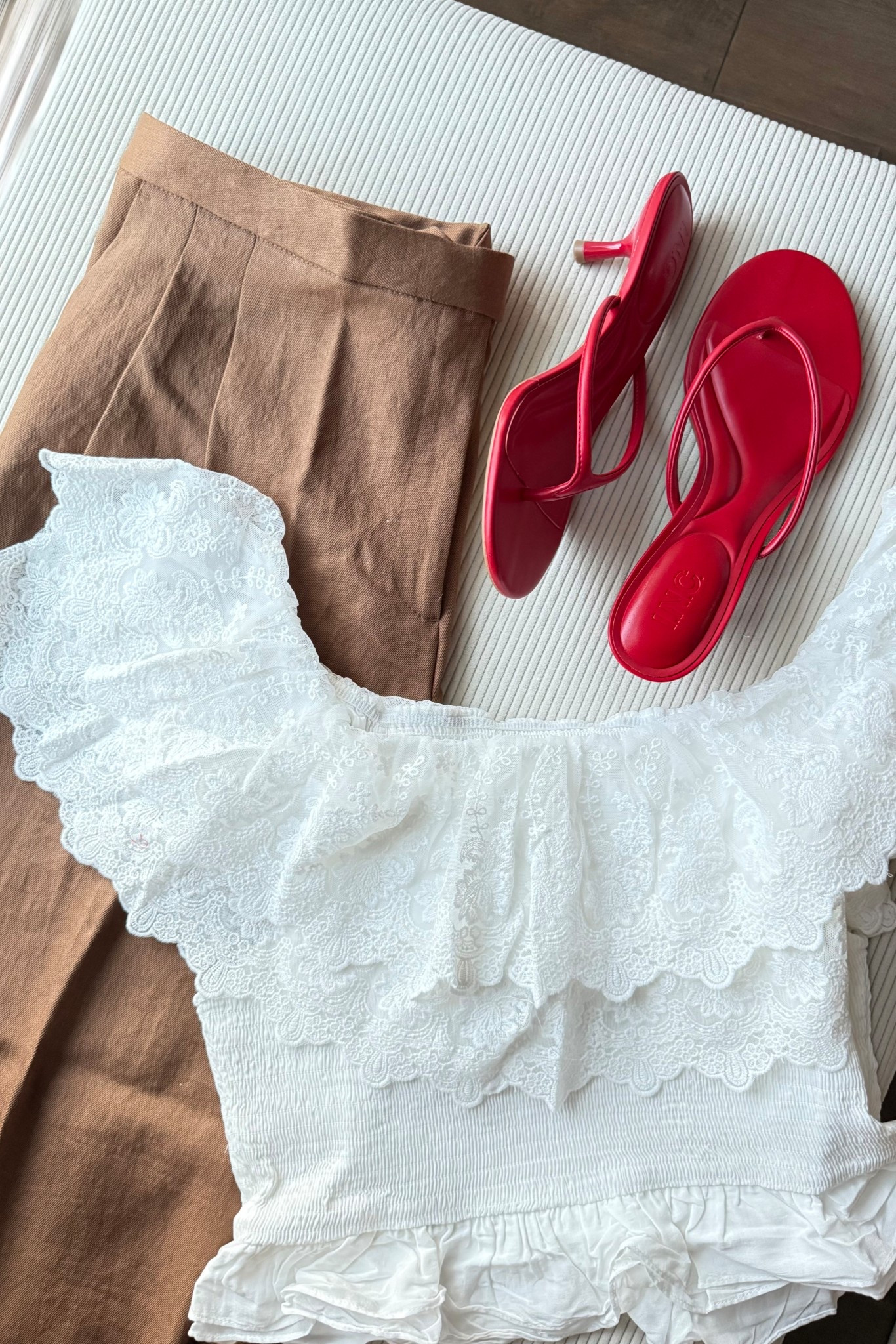 Elevated everyday summer outfit ideas ! Love the lace details on this top. Currently 25% off until mid night :) and these red sandals are too cute 

#LTKSeasonal #LTKMidsize