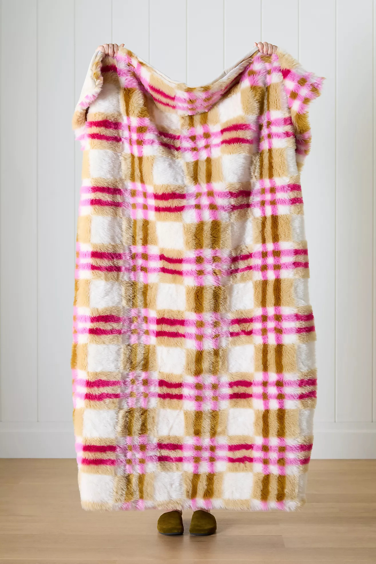 Lilou Jacquard Plaid Faux Fur Throw Blanket | Anthropologie (US)