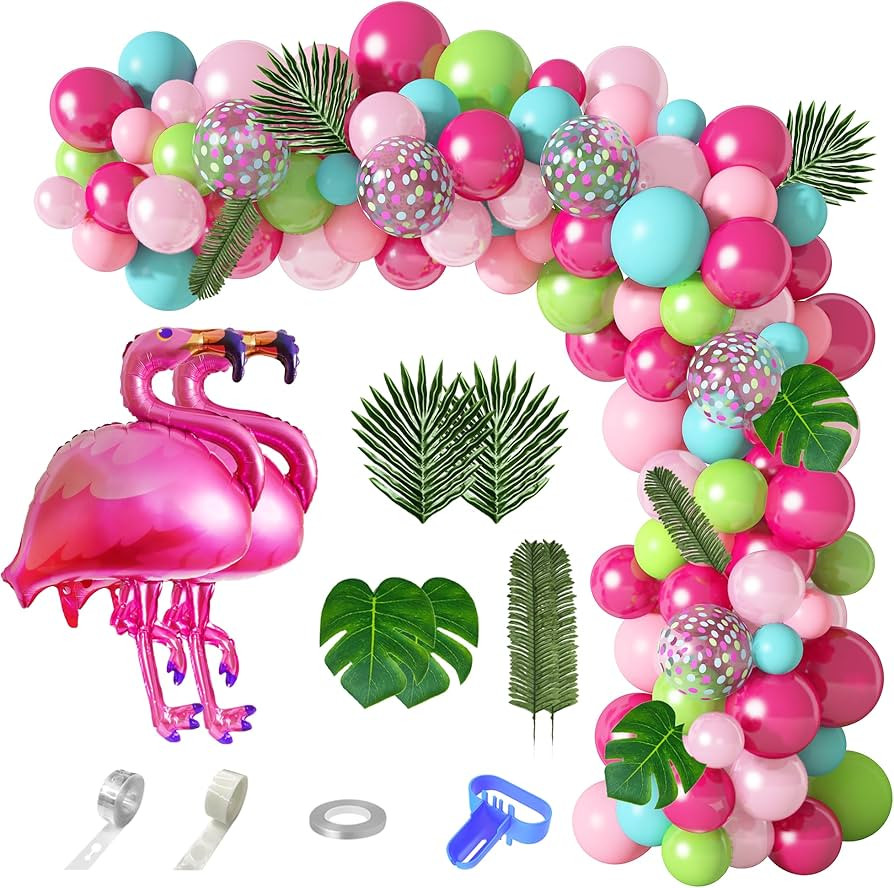 142Pcs Tropical Flamingo Balloons Garland Arch Kit, 40" Flamingo Balloons Hot Pink Green Confetti... | Amazon (US)