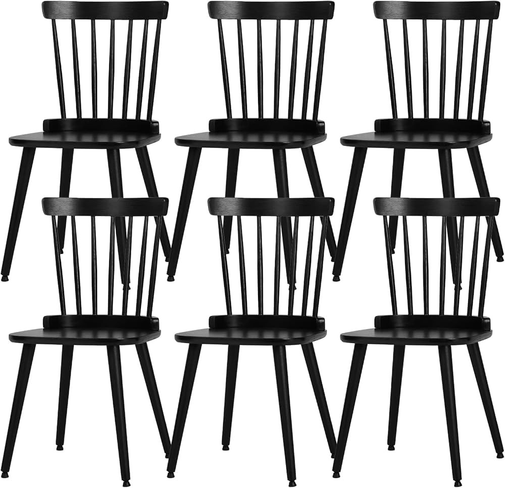Windsor Dining Chair Set of 6 Farmhouse Solid Wood Spindle Back Side Chair Mid-century Modern Bla... | Amazon (US)