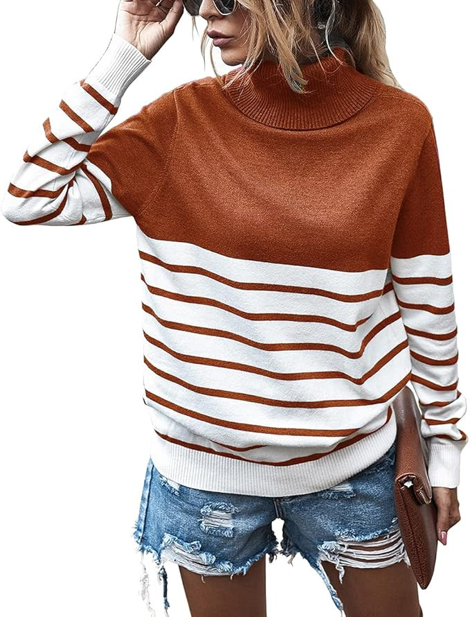KIRUNDO Women’s Turtleneck Knitted Sweater Long Sleeves Stripe Color Block Patchwork Loose Ribb... | Amazon (US)