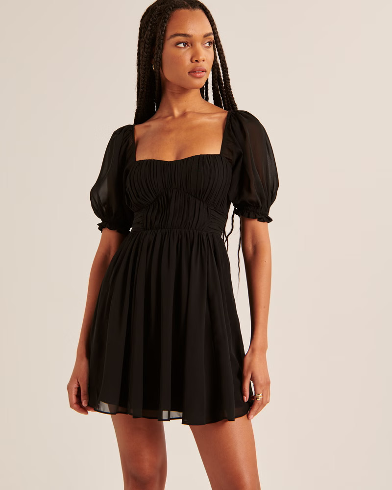 Ruched Ruffle Puff Sleeve Mini Dress | Abercrombie & Fitch (US)