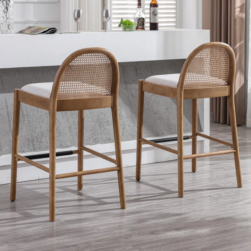 Modern Bar Stools Upholstered Counter Stools With Rattan Backrests And Wood Legs Kitchen Stools F... | Wayfair North America