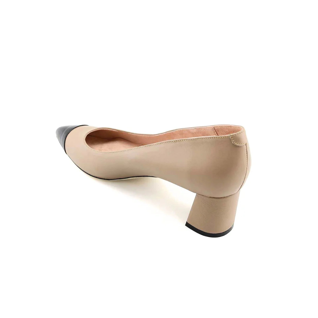 Bossy Beige Leather Cap Toe Lower Block Heel Pump | ALLY Shoes