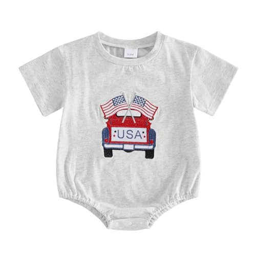 Sprifallbaby 4th of July Baby Boy Girl Outfit USA Bubble Romper Fourth of July American Flag T-shirt Newborn Summer Clothes (Light Grey, 6-12 Months) | Amazon (US)