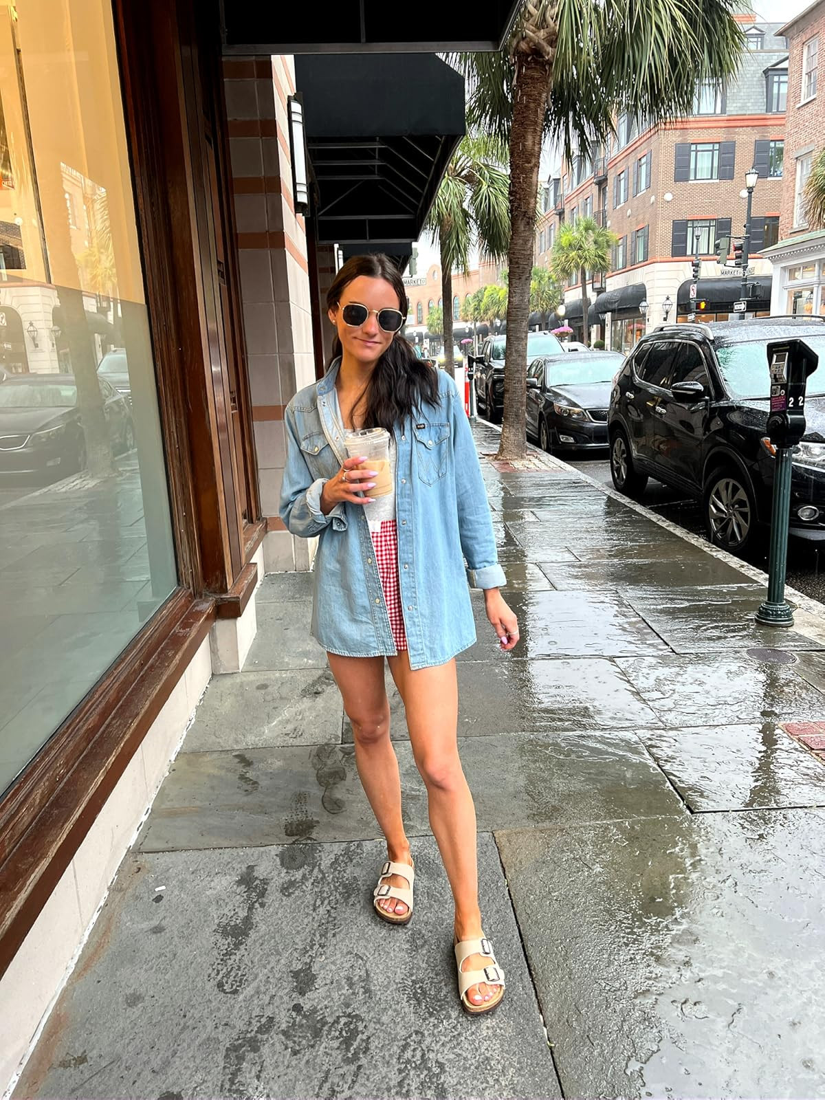 Charleston outfit / summer outfit- boxer shorts wearing S (size up- runs small!), tank in XS, button down in XS, sandals true to size. Plaid shorts/denim button down/sandals. 

 #LTKSummerEdit #LTKPetite #LTKFindsUnder50