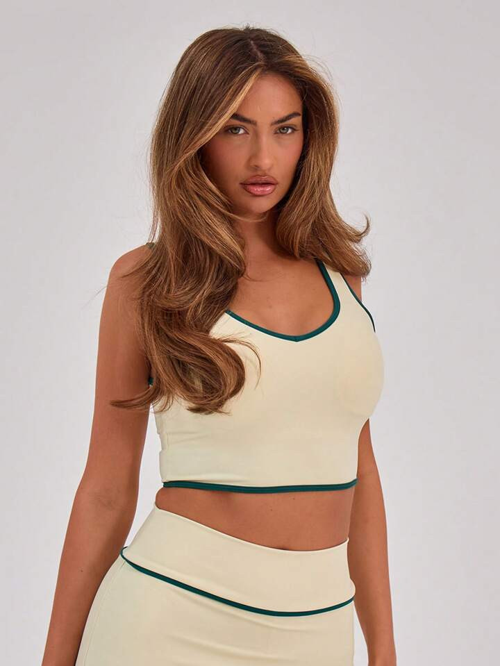 MUSERA Binding Detail Plunge Sports Gym Crop Top Fitted Shirt | SHEIN