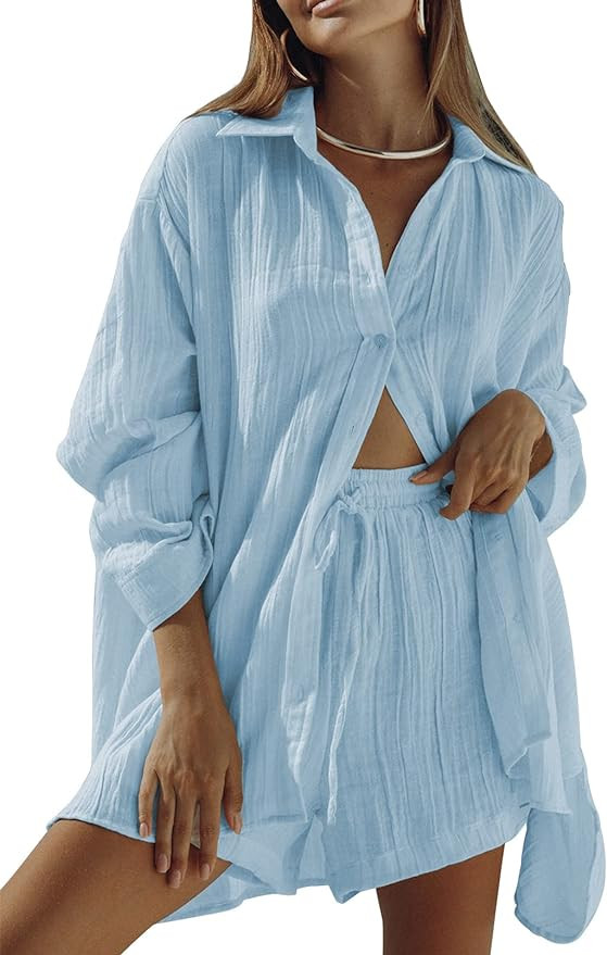 Linsery 2 Piece Summer Outfits Button Down Shirt Top and Shorts Casual Lounge Sets | Amazon (US)