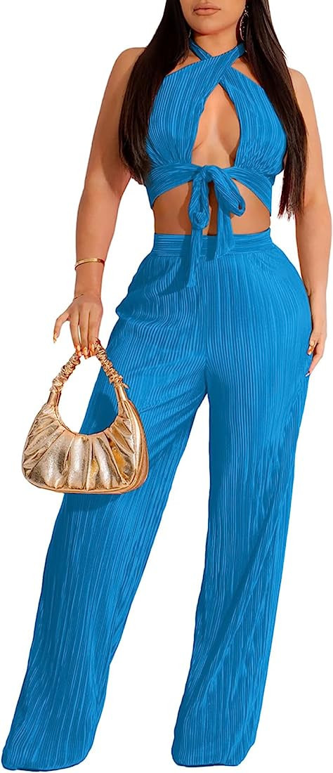 Ekaliy Womens Sexy Two Piece Outfits Pleated Halter Criss Cross Crop Tops and Wide Leg Pants Sets... | Amazon (US)