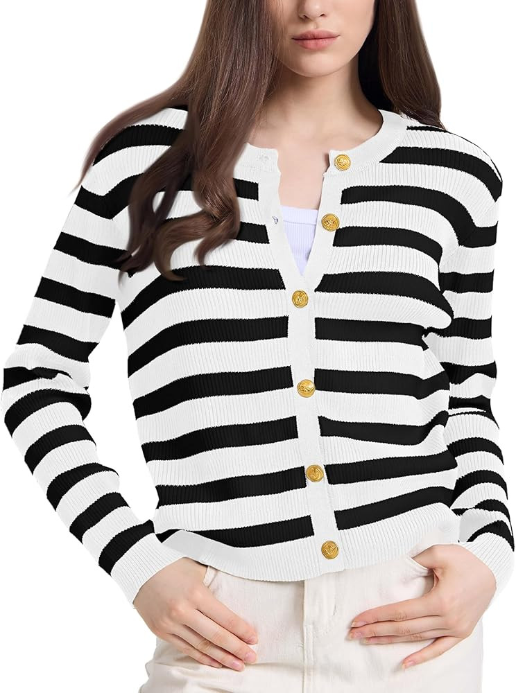 Women's Striped Cardigan Sweaters Lady Jackets Open Front Button Down Cropped Knit Coat Oufits Tr... | Amazon (US)