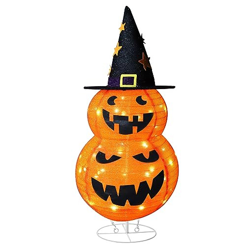 kemooie 2.6FT Pre-lit Halloween Pumpkin Decorations, Plug in 50 Orange LED Light Up Collapsible Pumpkin with Twinkle Star Hat, Pop Up Jack-o-Lantern for Indoor Outdoor Halloween Decor | Amazon (US)