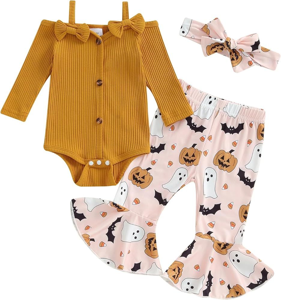 My First Halloween Baby Girl Outfit Infant Girl Long Sleeve Ribbed Romper Pumpkin Flared Pants He... | Amazon (US)