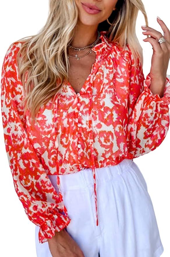 Women's Red Floral Ruffled Notched V-Neck Blouse Casual V Neck Solid Long Sleeve Blouse Tops | Amazon (US)