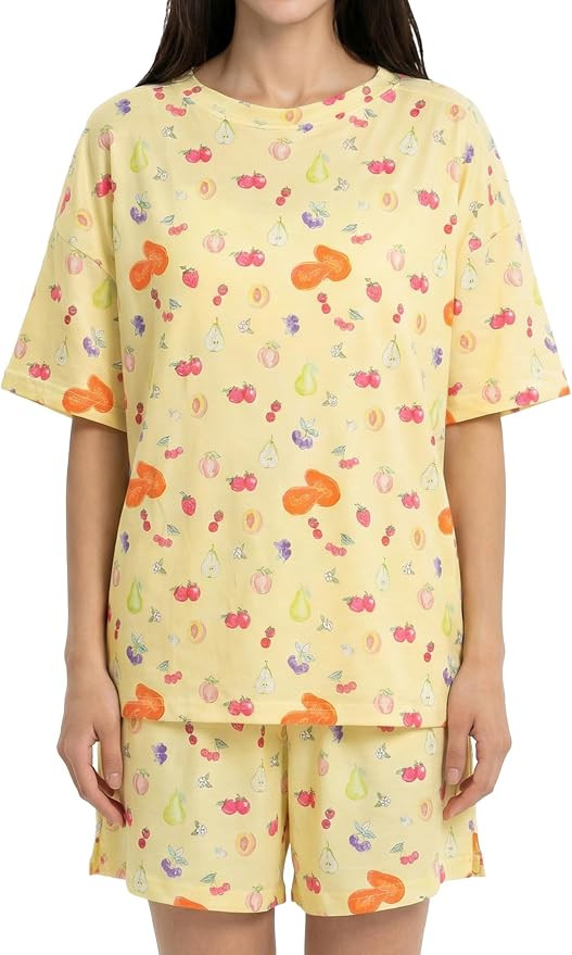 Women's Short Sleeve T-Shirt Pajama Sets Summer Soft Fruit Print Relaxed Fit Lounge Sleepwear | Amazon (US)
