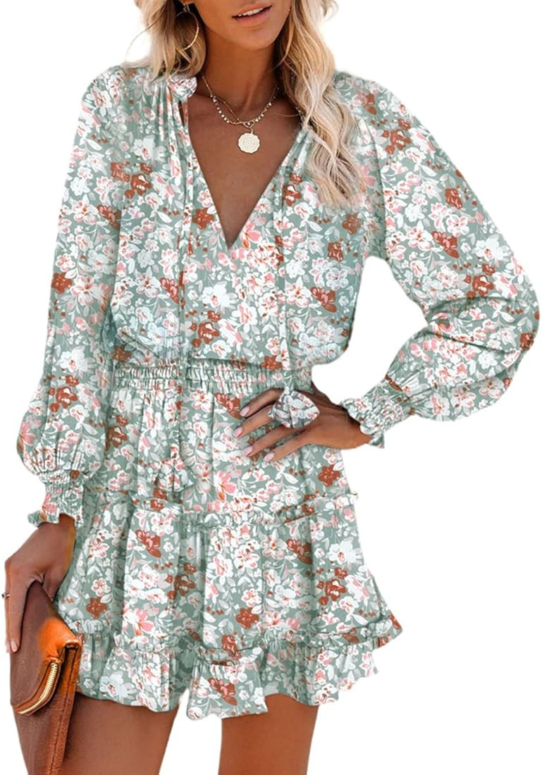 Asvivid Womens Casual Long Sleeve Smocked Ruffle Layer Tunic Dress Swing Mini Dress S-XL | Amazon (US)