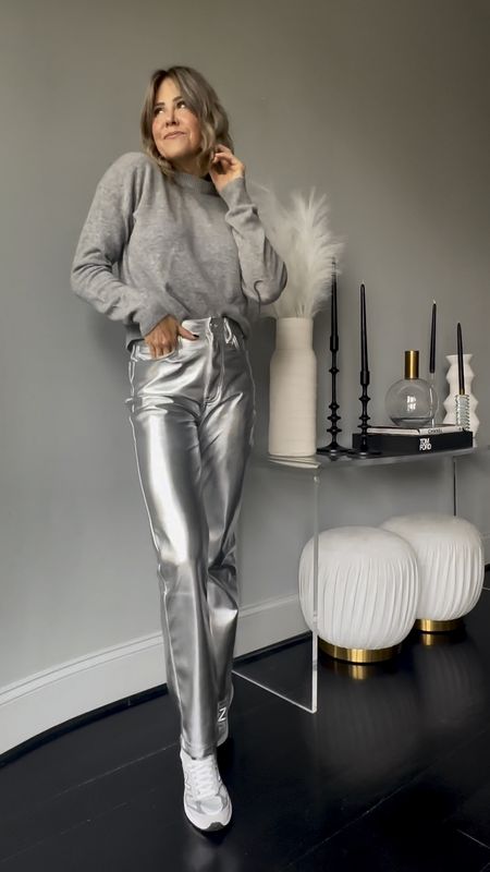 Metallic pants — faux leather jeans — holiday style — monochrome outfit — gray outfits — Gall outfit insp 

#LTKstyletip #LTKsalealert #LTKHoliday