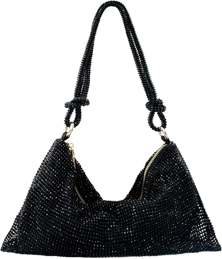 Rhinestone Purse Silver Hobo Purse Sparkly Black Evening Bag for Women Prom Party Wedding | Amazon (US)