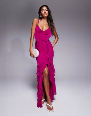 Murci exclusive ruffle detail cami front split maxi dress in dark pink | ASOS | ASOS (Global)