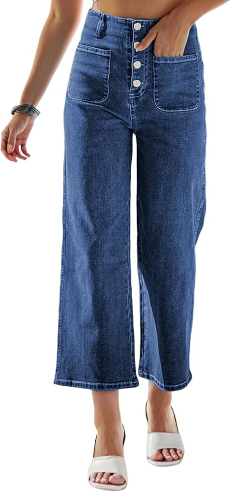 Omoone High Waisted Jeans for Women Straight Wide Leg Stretchy Loose Denim Pants with Pockets | Amazon (US)
