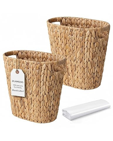 2 Pack Handwoven Water Hyacinth Trash Can - Natural Wicker Waste Basket with Wooden Handles, Slim... | Amazon (US)