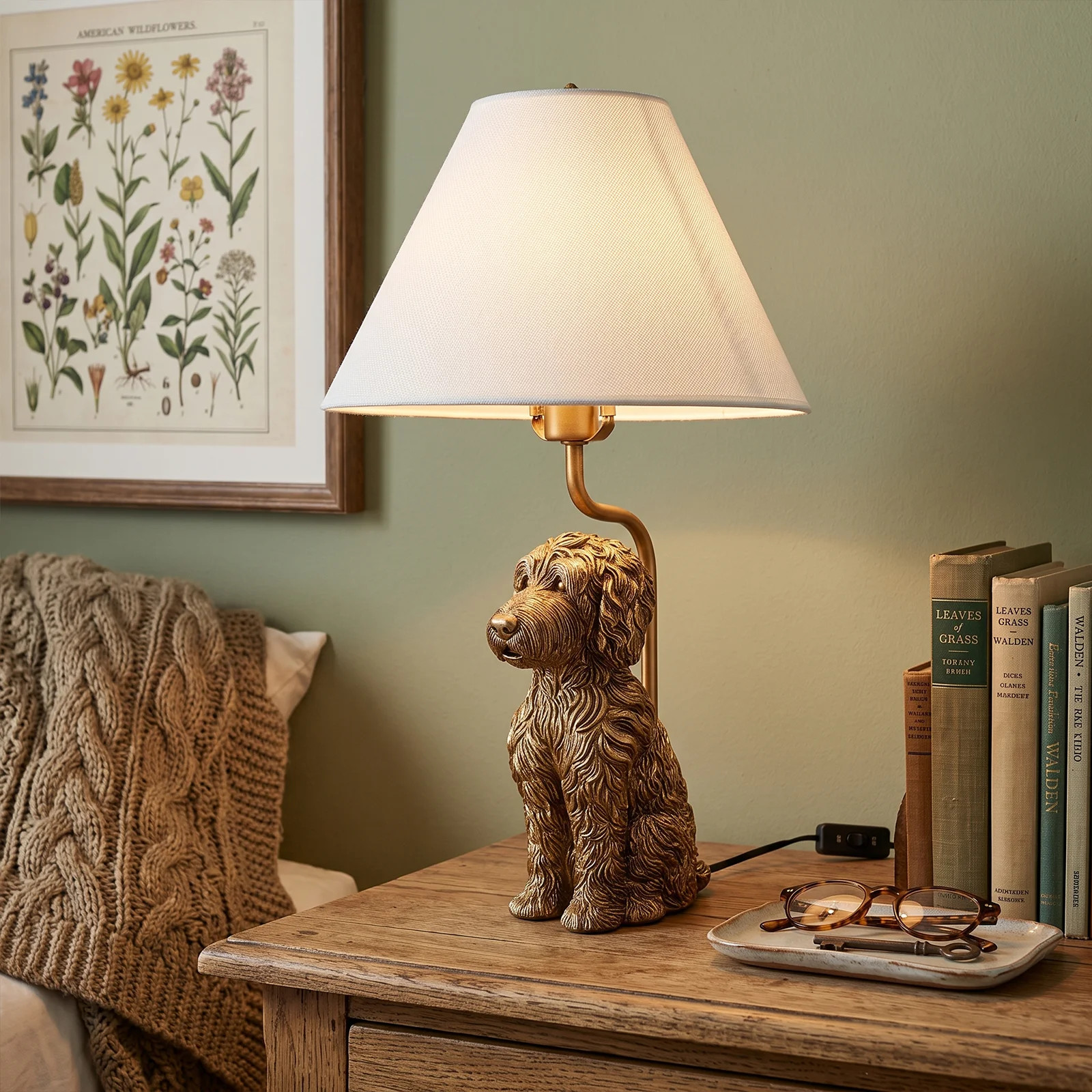 Modern Decorative Resin Puppy Table Lamp with Beige Fabric Shade Antique Gold Accent | Wayfair North America