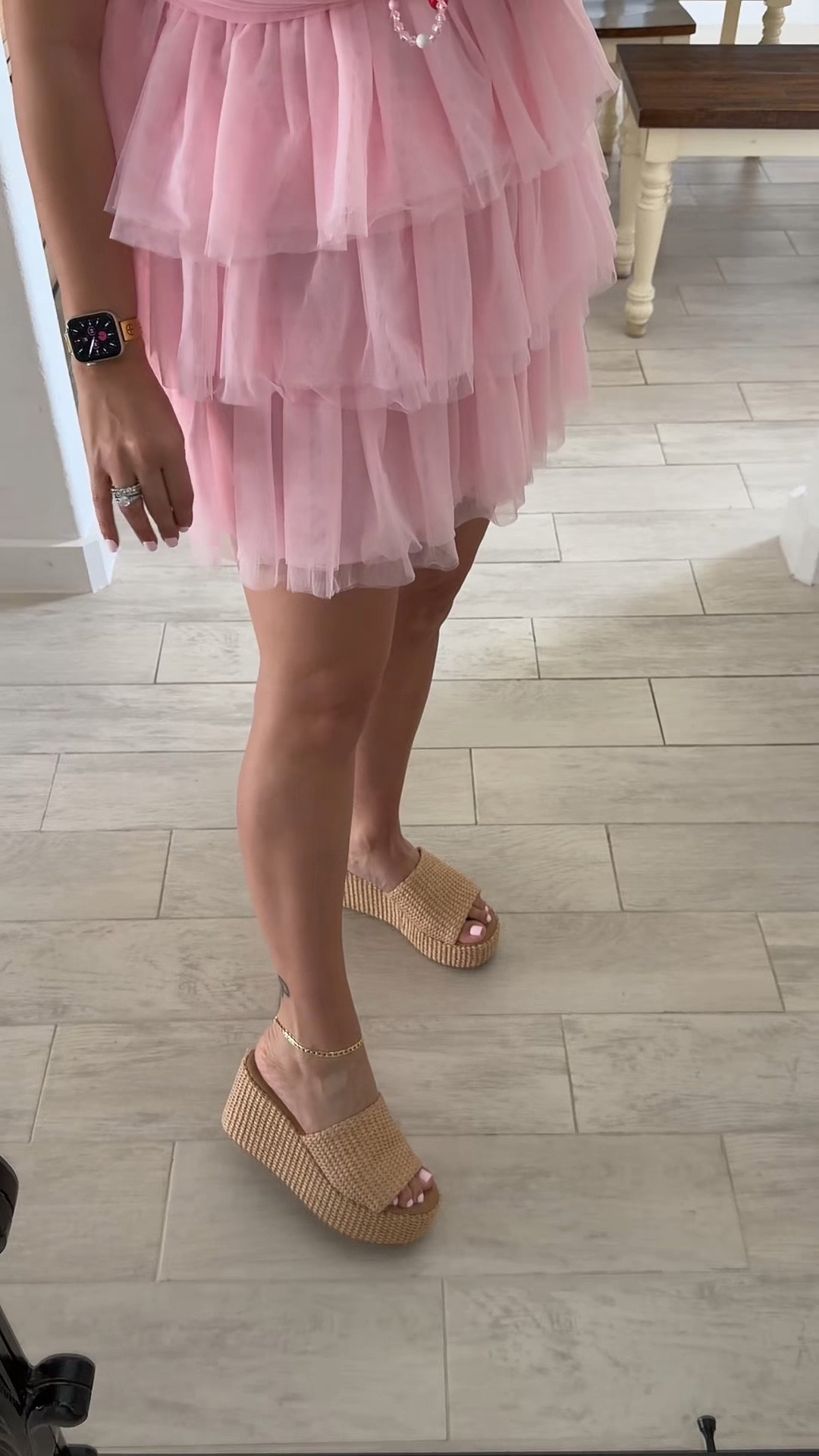 Cute and comfy wedges! 
True to size 
Pink mini dress 