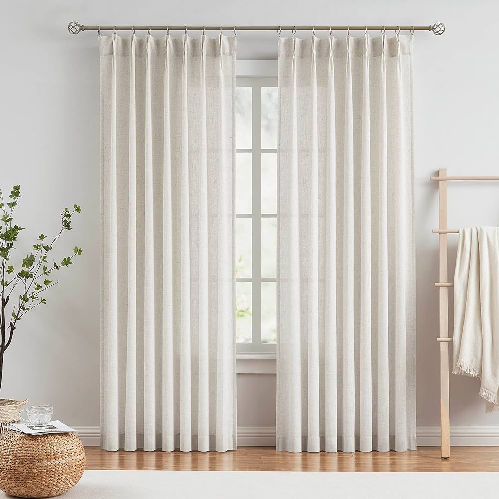 Vision Home Natural Pinch Pleated Semi Sheer Curtains Textured Linen Blended Light Filtering Wind... | Amazon (US)