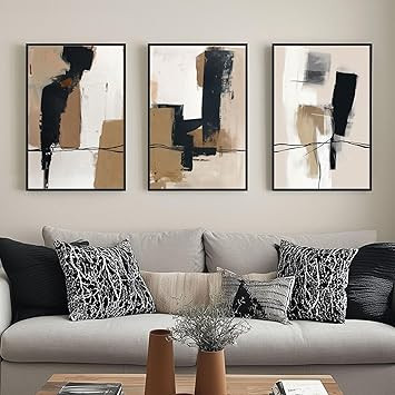 SAFERRYHOME Neutral Abstract Wall Art Tan and Black Framed Canvas Print Set, Mid-Century Modern B... | Amazon (US)