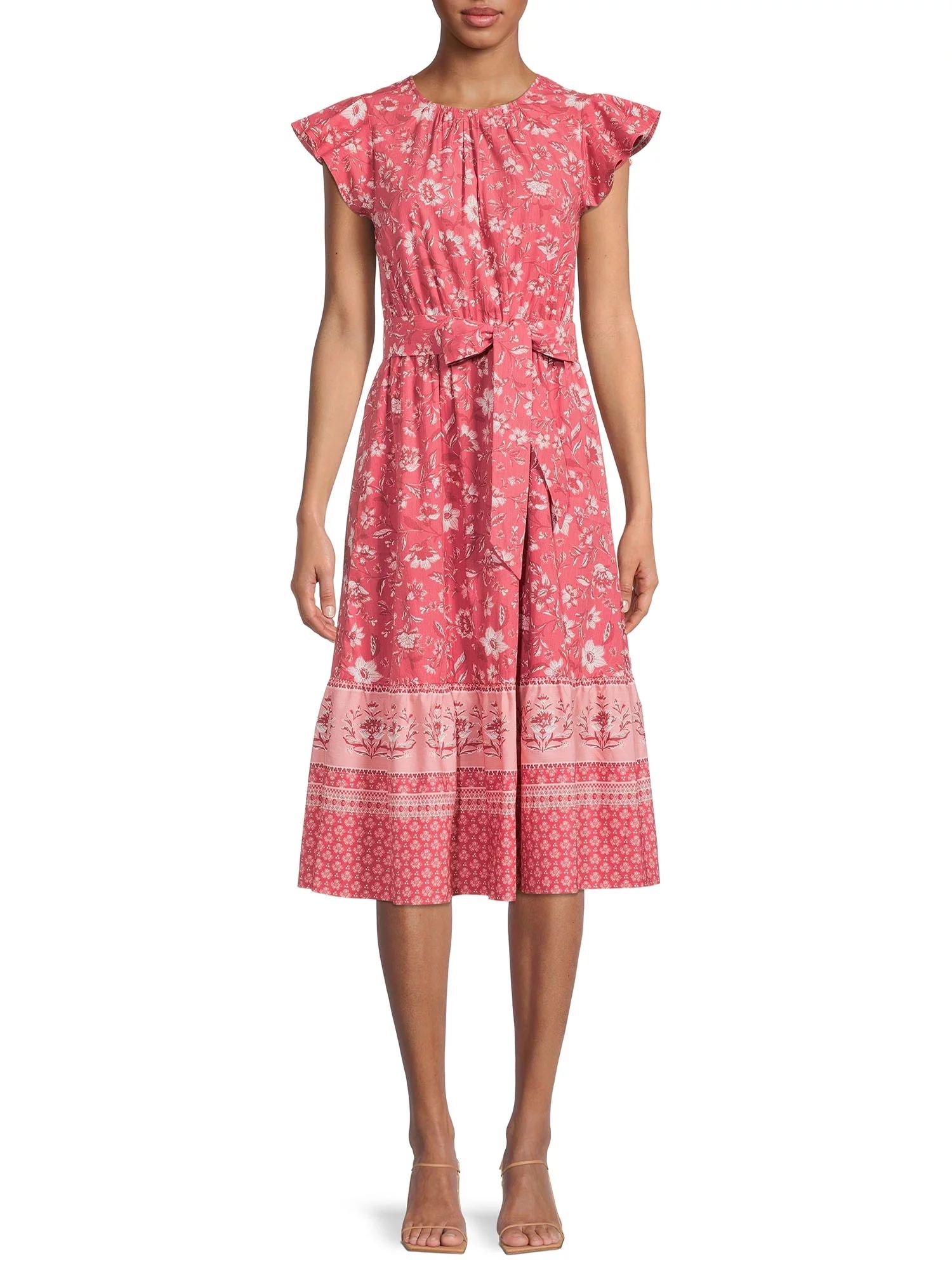 Time and Tru Women's Printed Midi Dress with Flutter Sleeves | Walmart (US)
