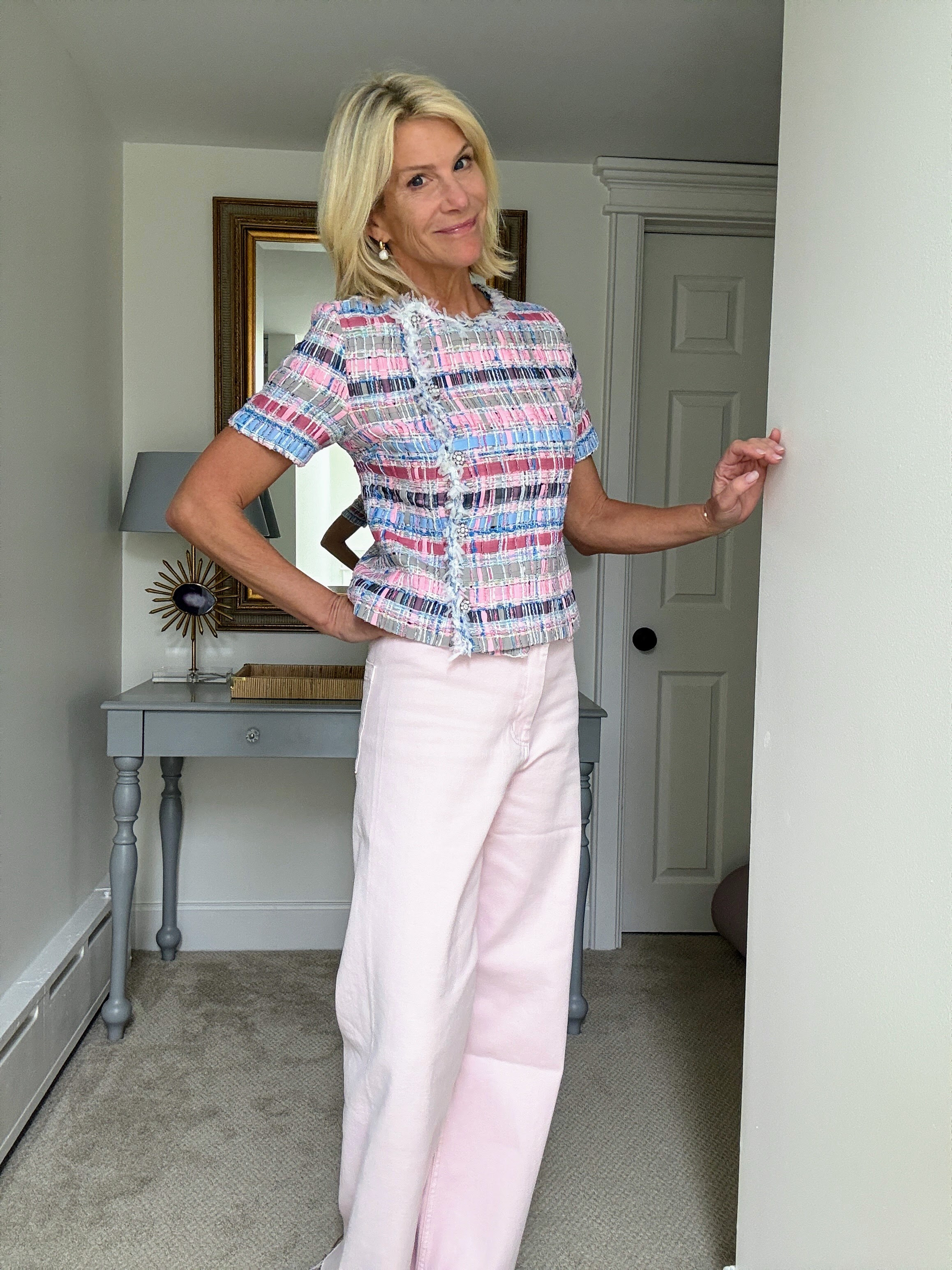 Greatest summer outfit on sale!  Love the little tweed jacket with the blush light pink jeans (size down in the jeans.) 

 #LTKootd #LTKOver40 #LTKSaleAlert