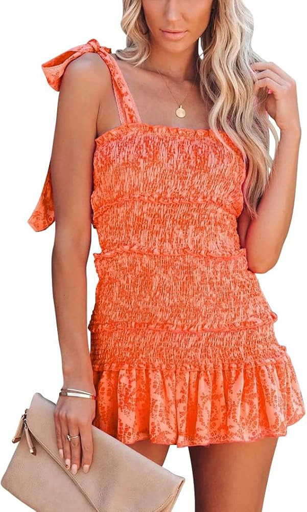 chouyatou Women's Summer Floral Spaghetti Strap Square Neck Ruffle Tie Mini Smocked Dress | Amazon (US)