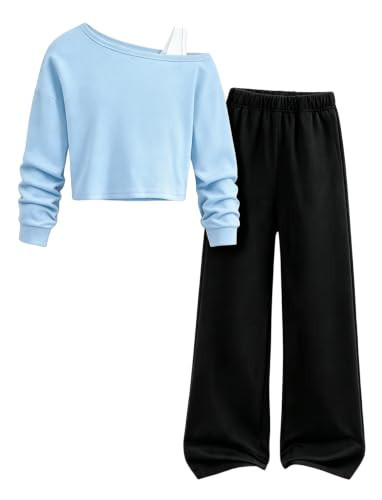 PATPAT Girls Sweatsuit Off Shoulder Sweatshirt Wide Leg Sweatpants 7-16Y | Amazon (US)