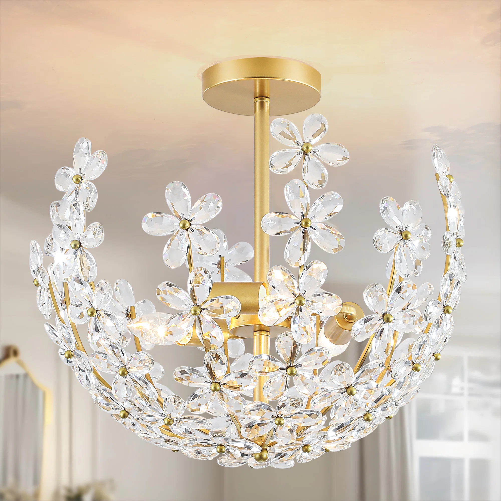 3-Light Dimmable Gold Semi-Flush Mount Ceiling Light With Clear Crystal Flower Shade | Wayfair North America