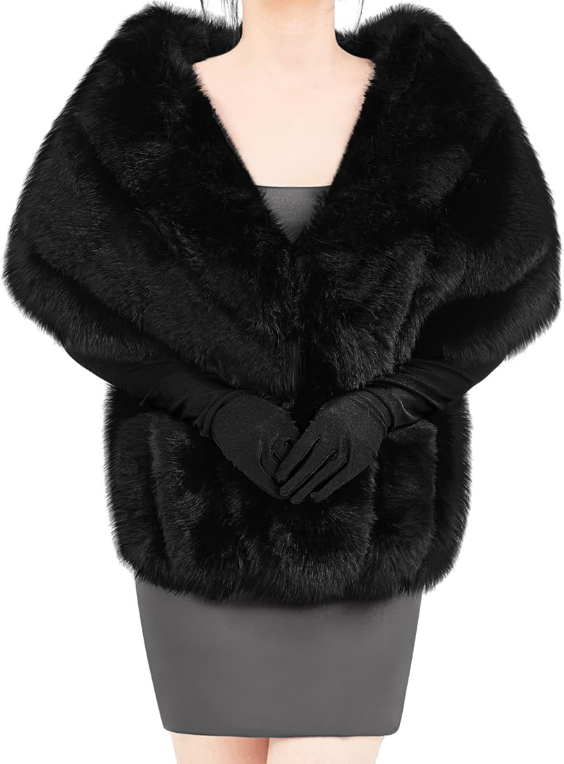 Zhanmai Winter Faux Fur Long Shawl Cloak Stretchy Satin Glove Opera Bridal Dance Gloves for Women... | Amazon (US)