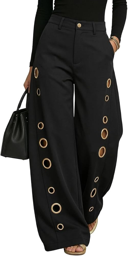 UOOZEE Women's Baggy Wide Leg Pants Grommet Eyelet Hollow Cut Out Trousers | Amazon (US)