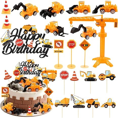 21PCS Construction Cake Toppers Truck Cake Decoration Set Excavator Tractor Tower Crane Cupcake T... | Amazon (US)