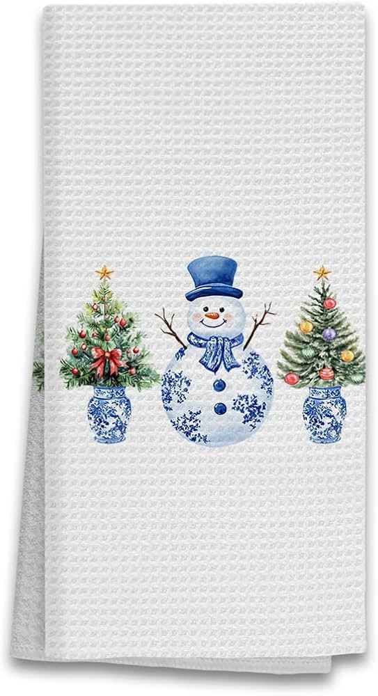 Christmas Tree Snowman Kitchen Towels, Blue and White Chinoiserie Christmas Hand Towels, Chinoise... | Amazon (US)