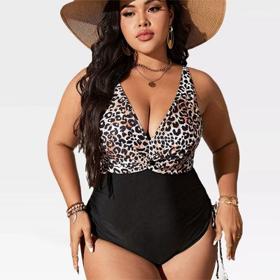 Womens Plus Size One Piece Swimsuits Leopard Print Side Ruched Swimsuits Plus Size Bathing Suits Summer 2025 Fashion Swimwear,Black - 4X | Target